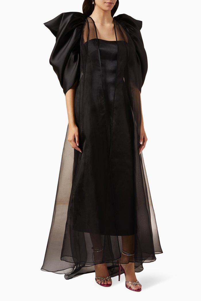 

Exaggerated Puffed Sleeves Abaya in Pure Organza, Black