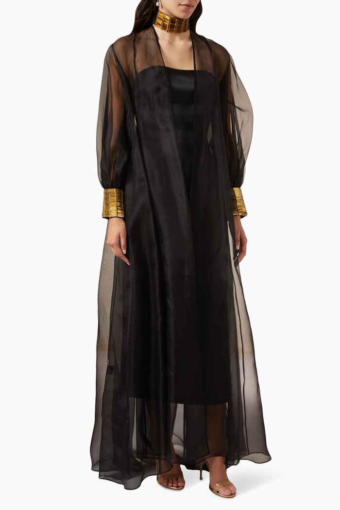 

Puffed-sleeves Embellished Abaya in Silk Organza, Black