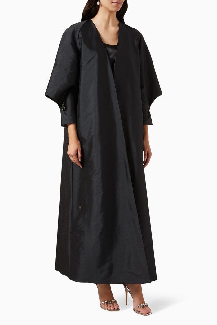 

3D Embroidered Cuffs Abaya in Raw Silk, Black