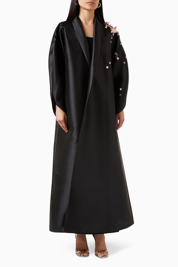 

3D Floral-embroidered Abaya in Mikado, Black