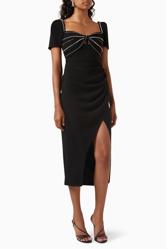 

Diamanté Bust Midi Dress in Bonded Crepe, Black