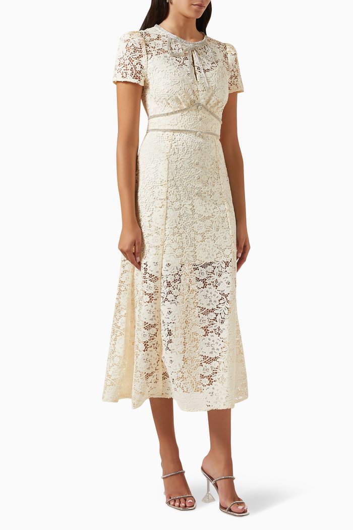 

Cord Lace Bow Midi Dress, Neutral