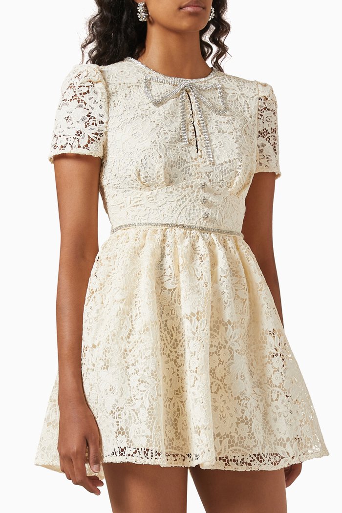 

Diamanté Bow Mini Dress in Corded Lace, Neutral