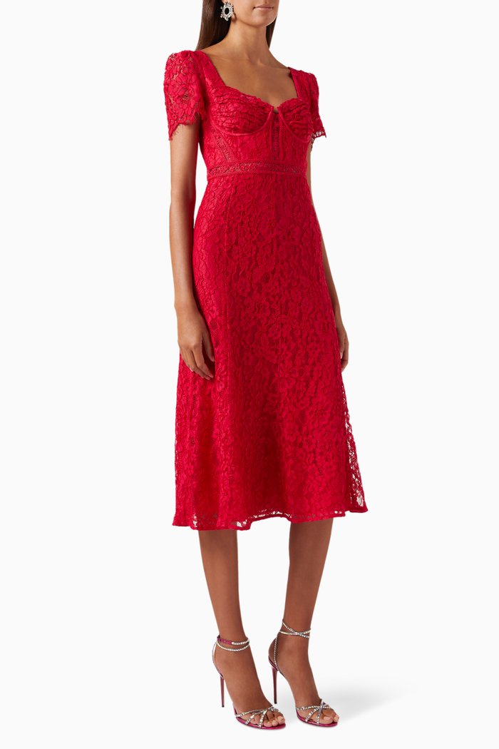 

Crepe Lace Detail Midi Dress, Red