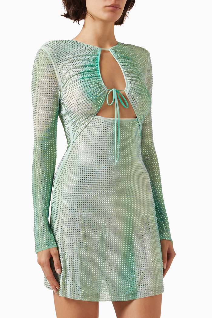 

Contour-print Crystal-embellished Mini Dress in Mesh, Green
