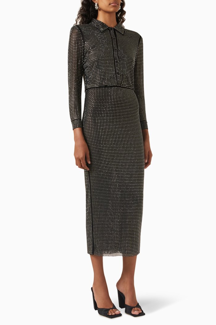 

Crystal-embellished Midi Shirt Dress in Mesh, Black