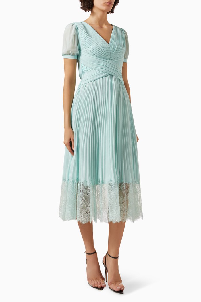 

Pleated Midi Dress in Chiffon & Lace, Blue