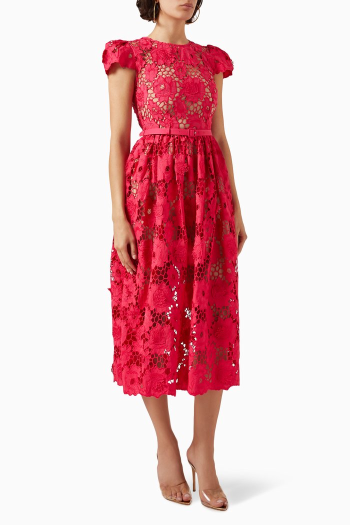 

Poppy Midi Dress in Lace, Red