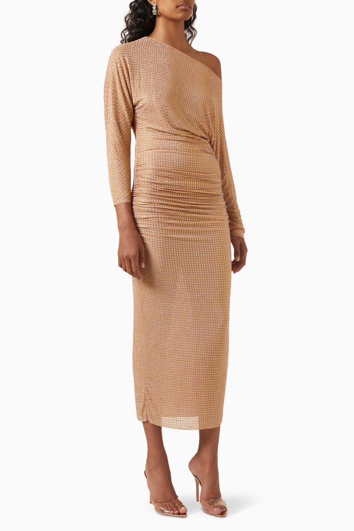 

Crystal-embellished Ruched Midi Dress in Mesh, Gold