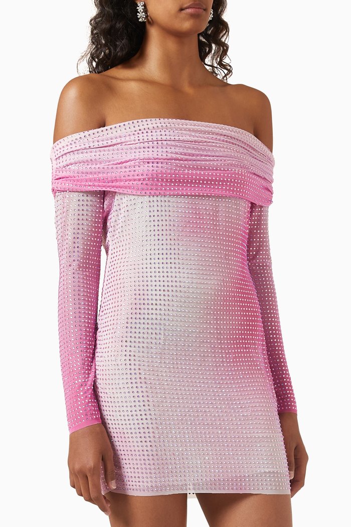 Contour-print Crystal-embellished Mini Dress in Mesh, Pink