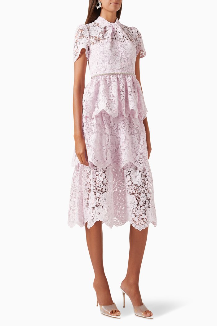 

Cord Lace Tiered Midi Dress, Pink