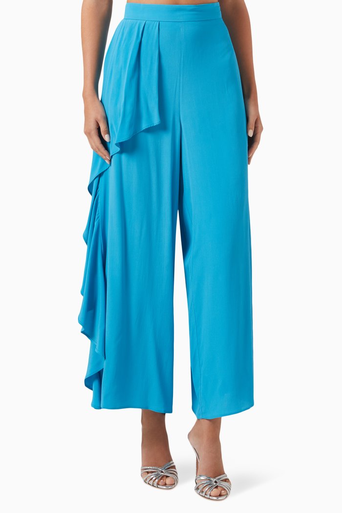 

Circolo Ruffled Pants in Silk-blend Crepe, Blue