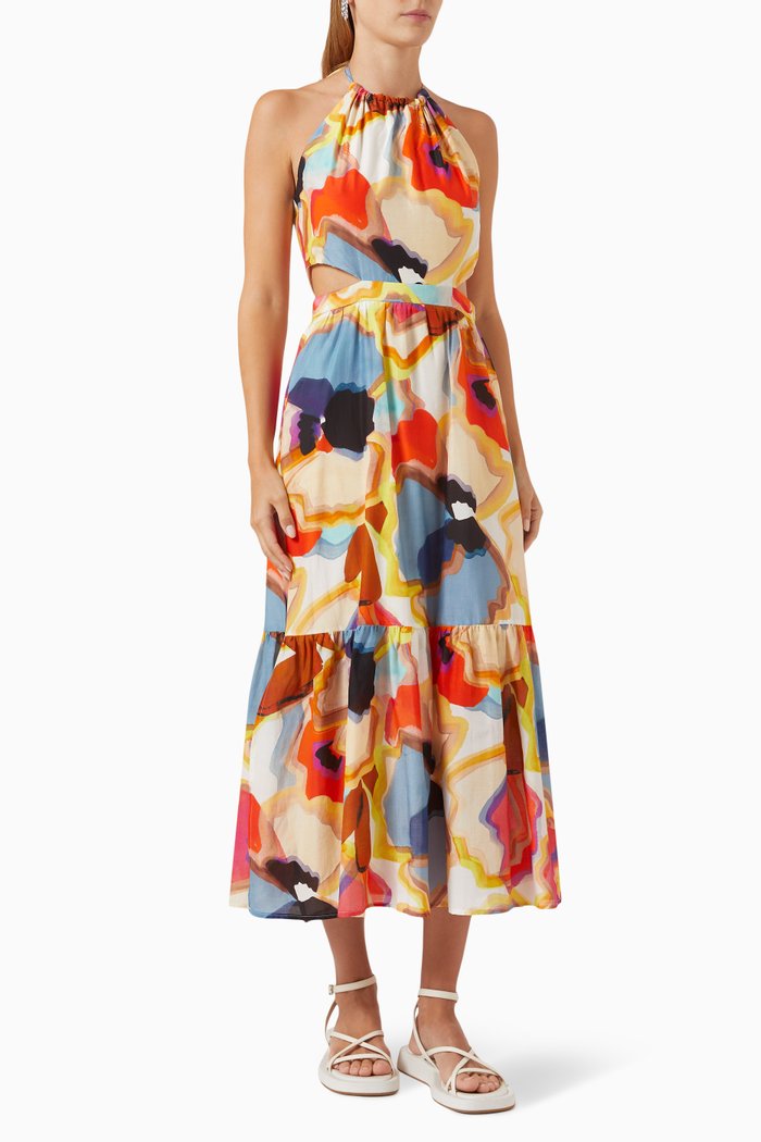 

Berger Abstract-print Midi Dress in Cotton-silk Blend, Orange