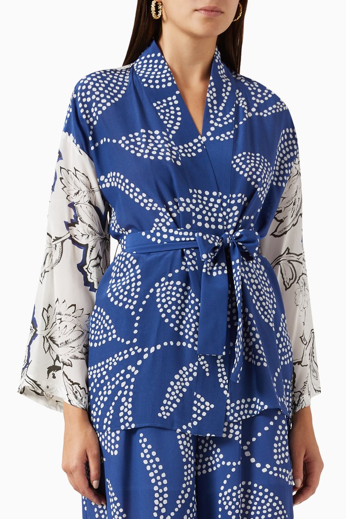 

Impatto Patterned Kimono Jacket in Crepe de Chine, Blue