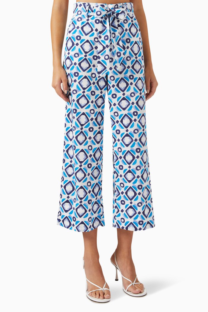 Demien Geometric-print Cropped Pants in Stretch-cotton, Blue