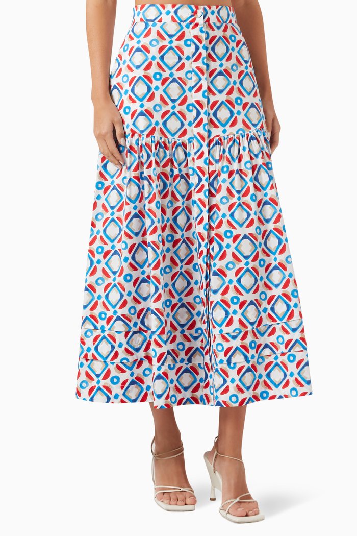 

Rodesia Geometric-print Midi Skirt in Stretch-cotton, Red
