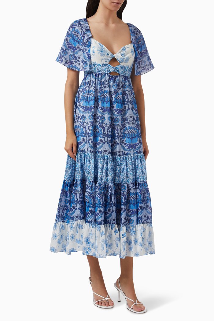 

Topaz Floral-print Maxi Dress in Linen-blend, Blue