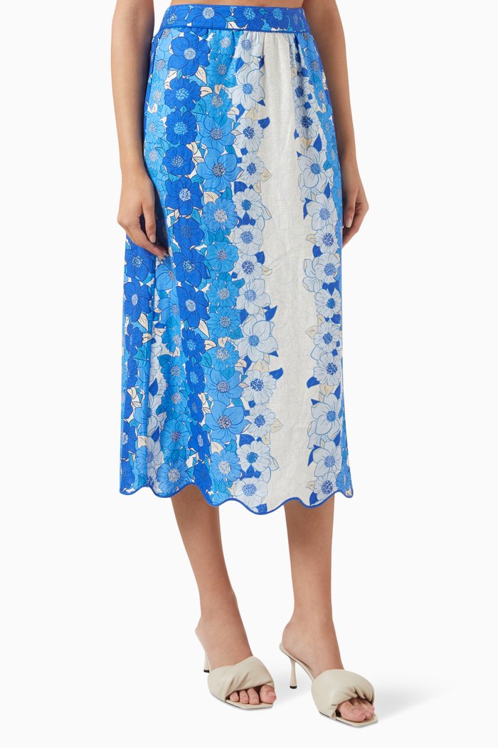 

Flower Stripes Midi Skirt in Linen, Blue