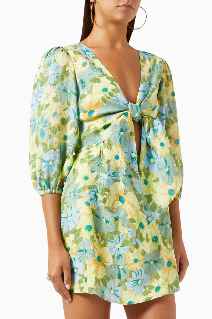 

Cintare Floral-print Mini Dress in Linen, Green