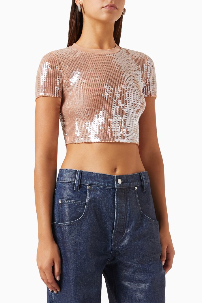 Cropped Crewneck T-shirt in Sequin-nylon, Neutral