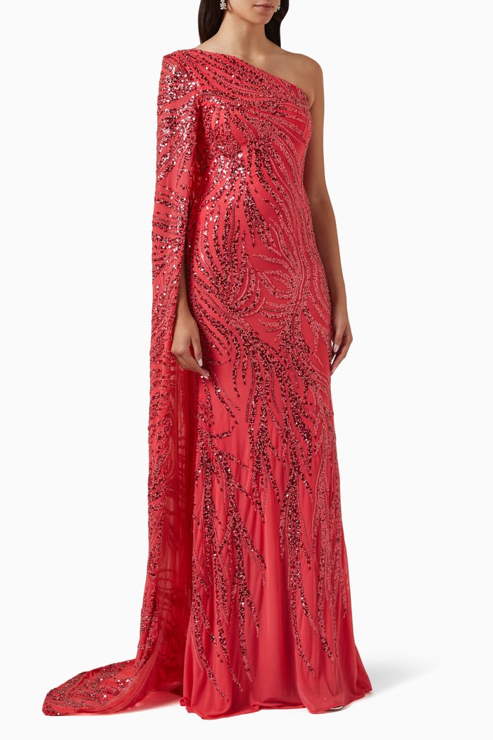 

One-shoulder Dress in Sequin-tulle, Red