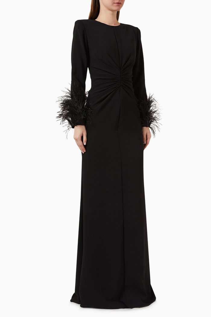 

Feather-cuff Dress in Stretch-crepe, Black