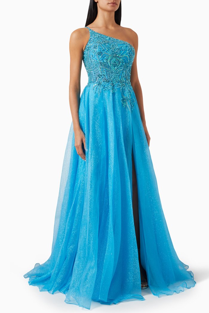 

Embellished One-shoulder Gown in Tulle, Blue