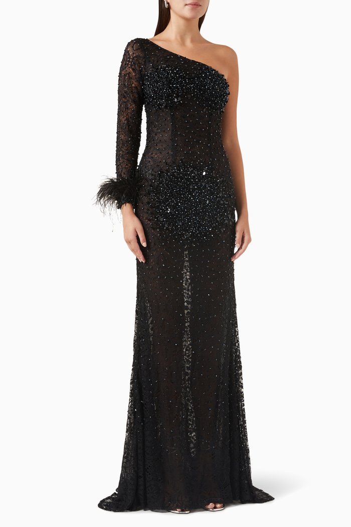 

One-shoulder Maxi Dress in Beaded Lace, Black