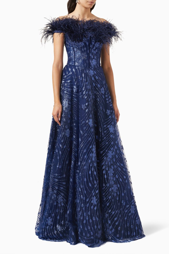 

Off-shoulder Feather Gown, Blue