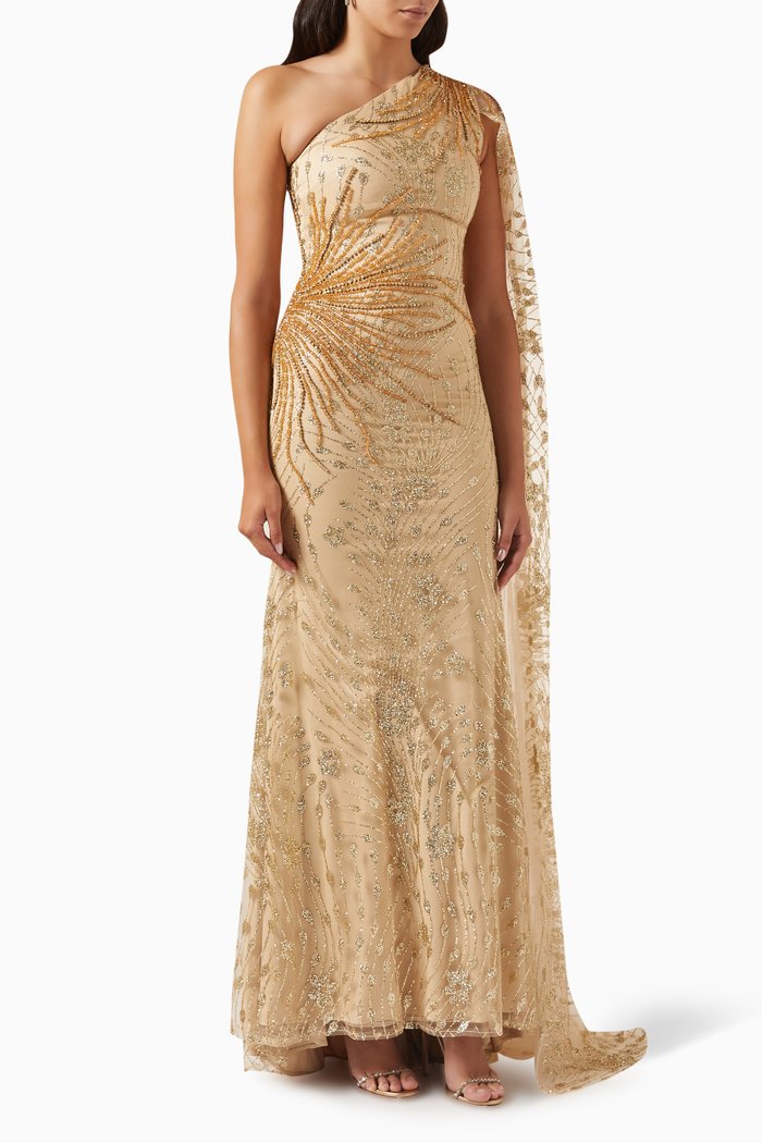 

One-shoulder Dress in Embellished-tulle, Multicolour