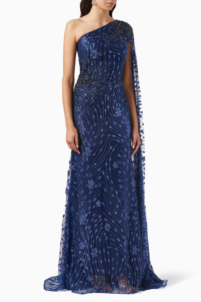 

One-shoulder Dress in Embellished-tulle, Blue