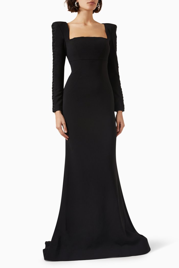 

Lace-up Sleeve Maxi Dress in Crepe, Black