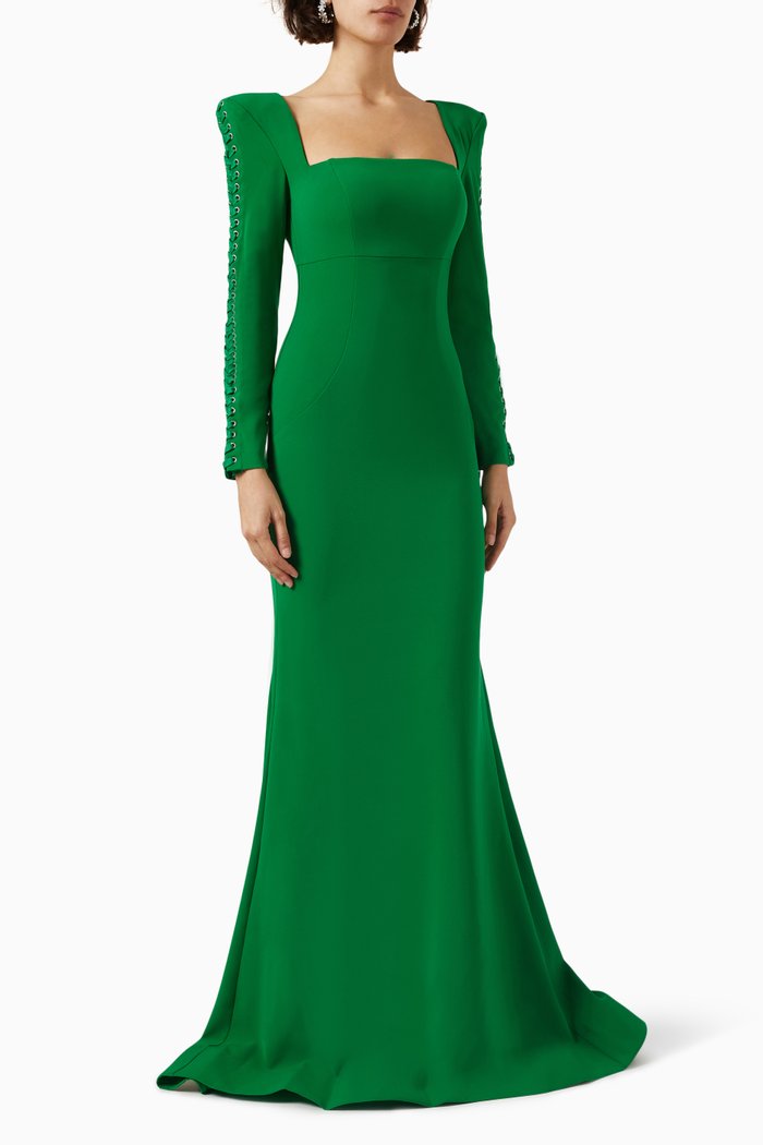 

Lace-up Sleeve Maxi Dress in Crepe, Green