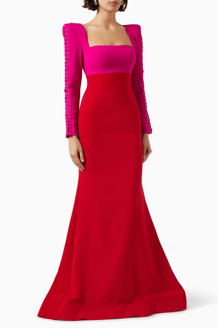 

Lace-up Sleeve Two-tone Maxi Dress in Crepe, Multicolour