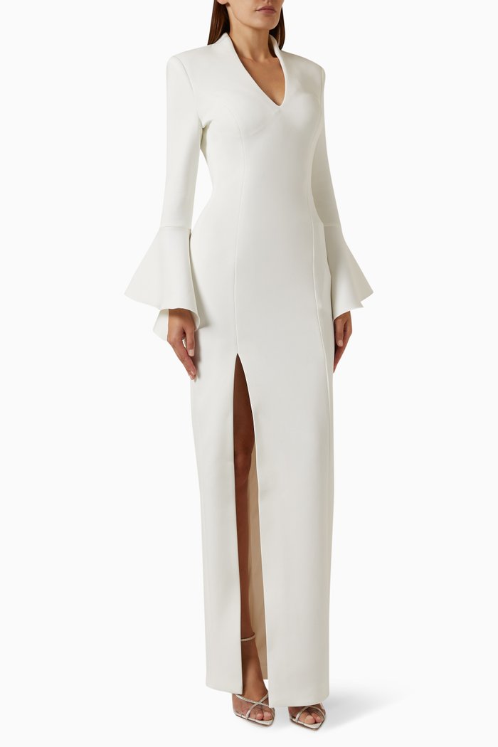 

Flute-sleeve Side-slit Dress, White