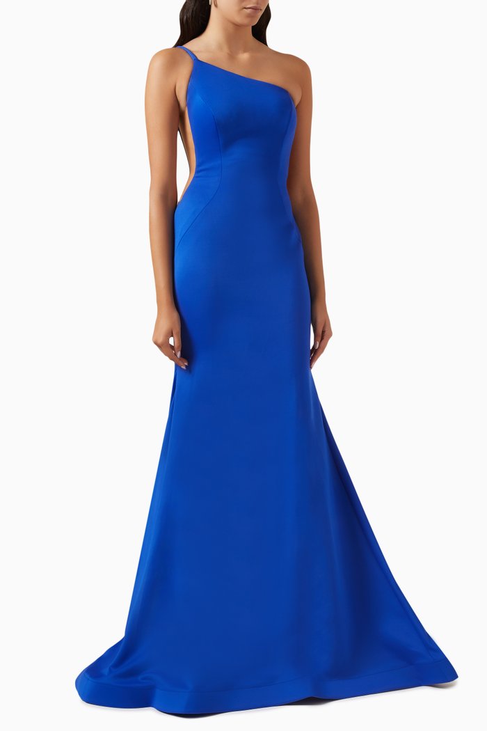 

One-shoulder Train Maxi Dress in Jersey, Blue