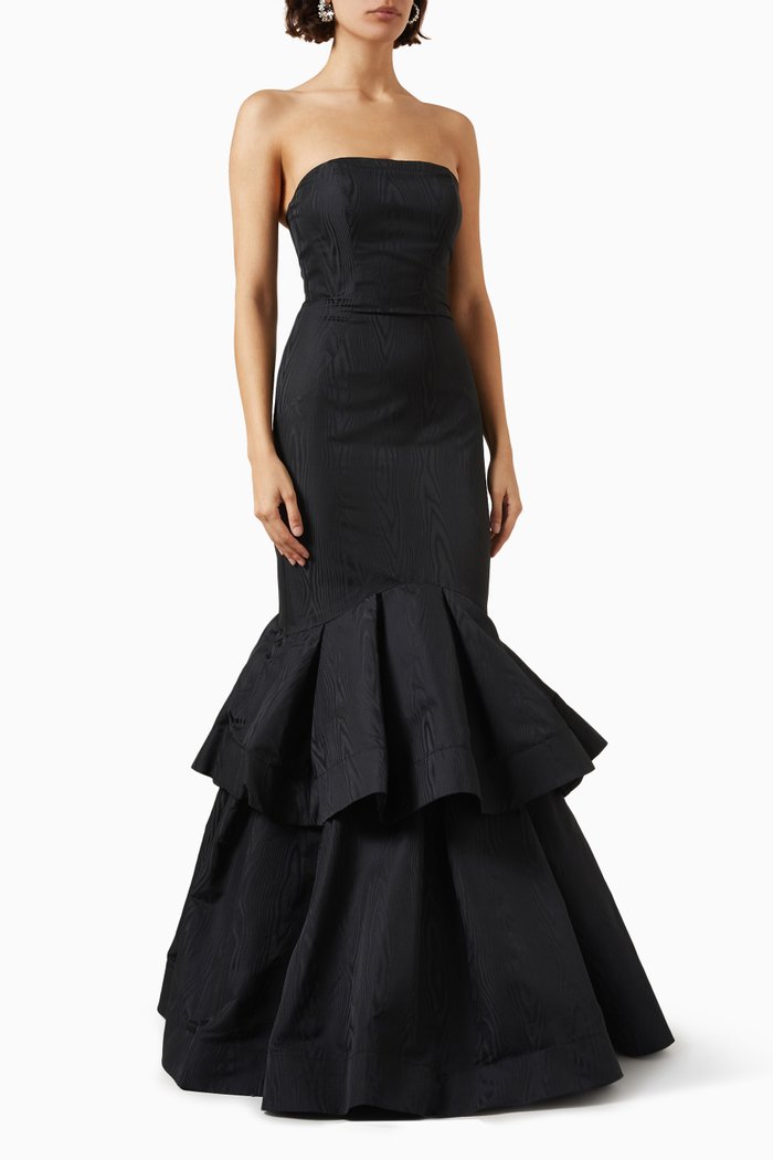 

Strapless Ruffled Gown in Moire, Black