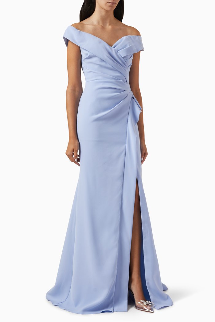 

Off-shoulder Ruched Gown in Stretch-crepe, Blue