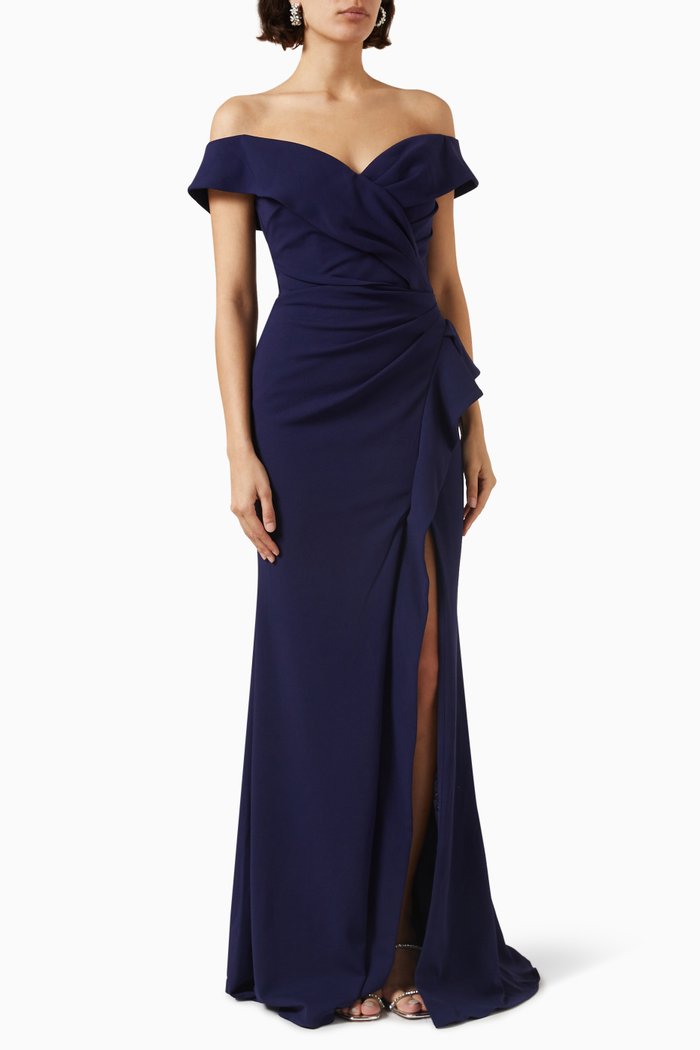 

Off-shoulder Ruched Gown in Stretch-crepe, Blue