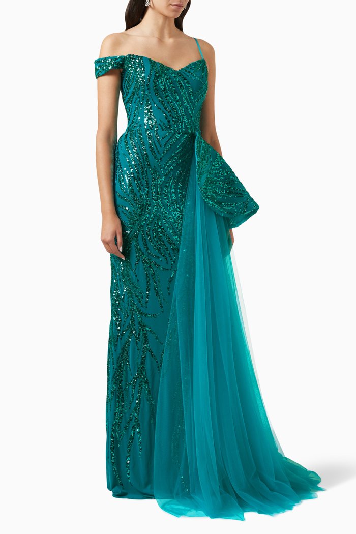 

Off-shoulder Dress in Sequin-tulle, Blue