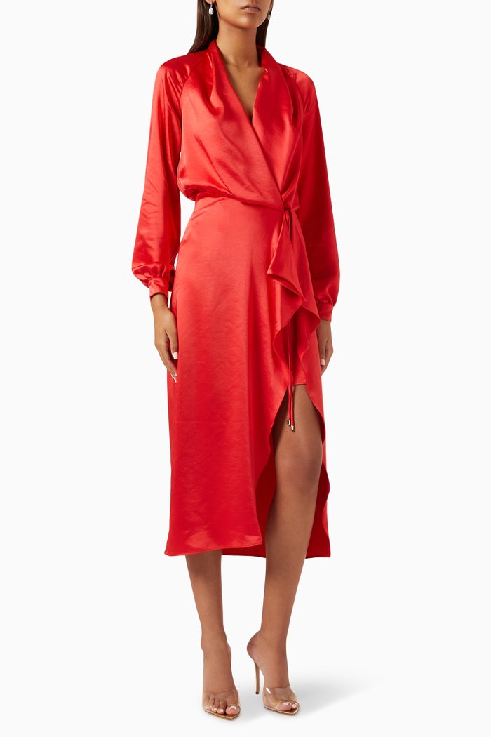 Wrap Midi Dress in Satin, Red