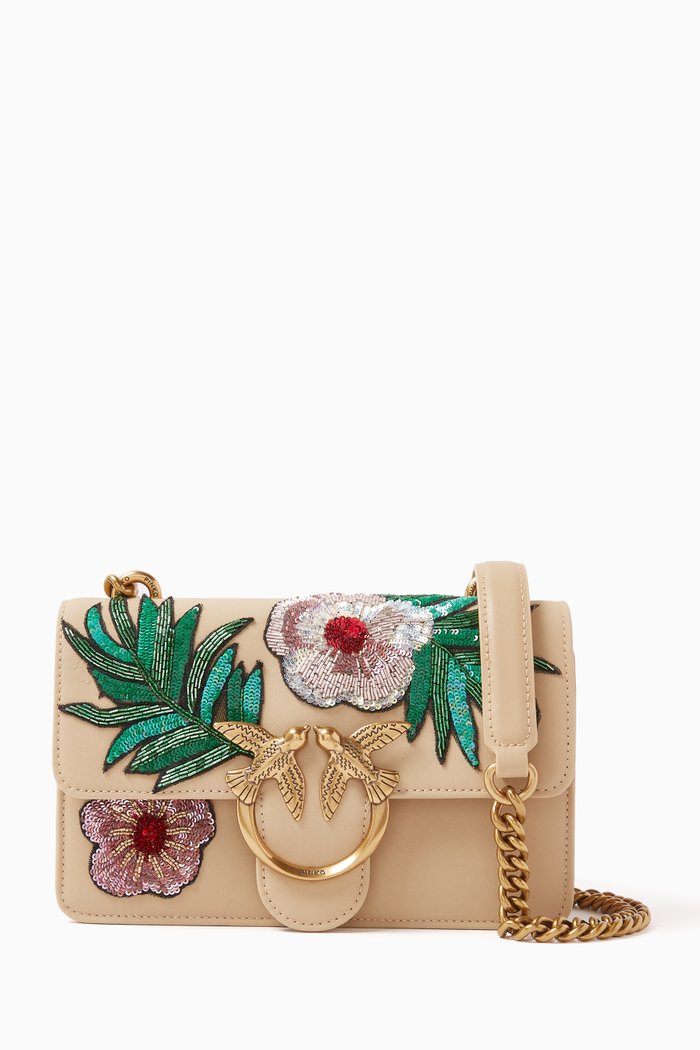 

Mini Love One Bag with Glass-beaded Flowers in Leather, Pink
