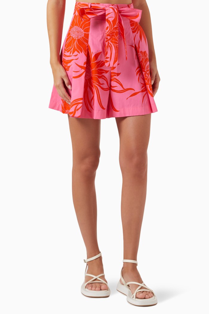 

Sereno Floral-print Pleated Shorts in Cotton, Pink