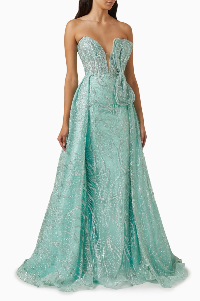 

Strapless Ribbon Gown in Beaded Tulle, Green