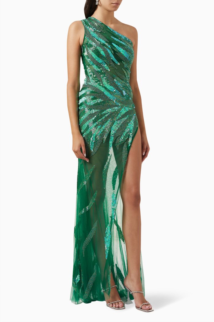 

One-shoulder Dress in Sequin-tulle, Green
