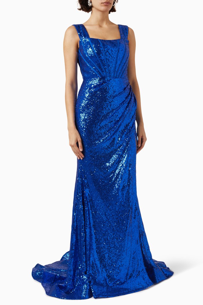 

Sequin-embellished Draped Gown, Blue