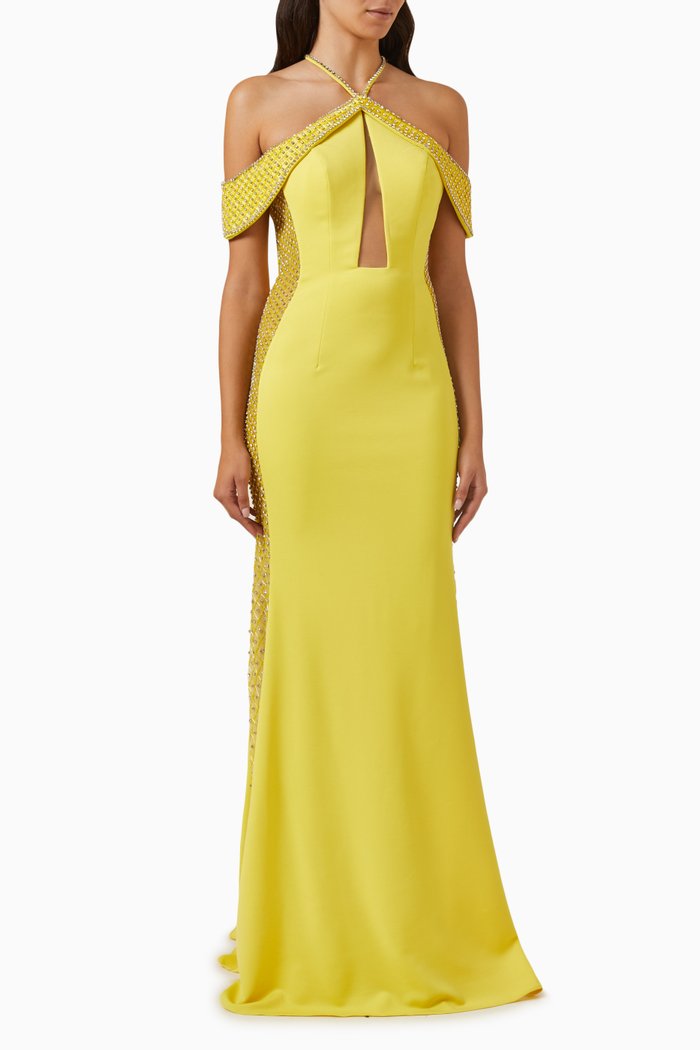 

Beaded Off-the-shoulders Gown in Scuba, Yellow