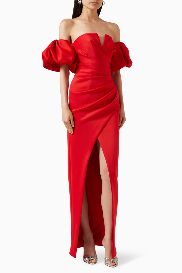 

Gathered Off-the-shoulders Dress, Red