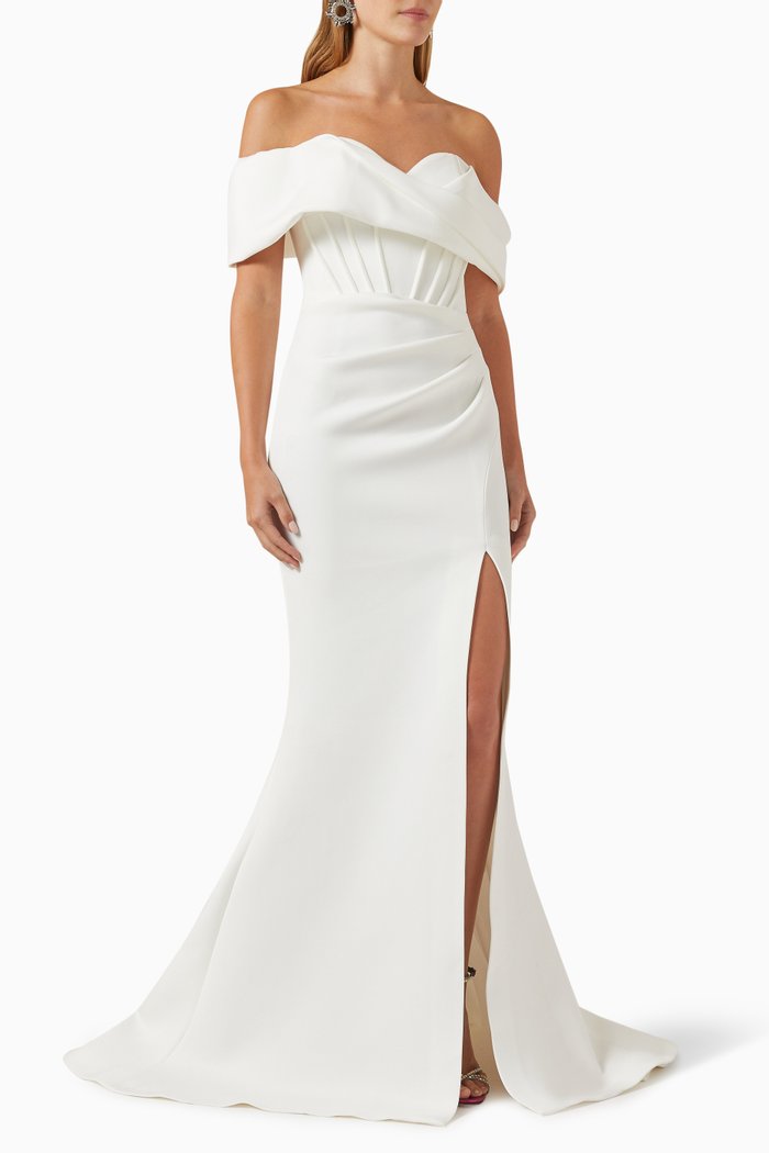 

Off-shoulder Gown in Scuba, White