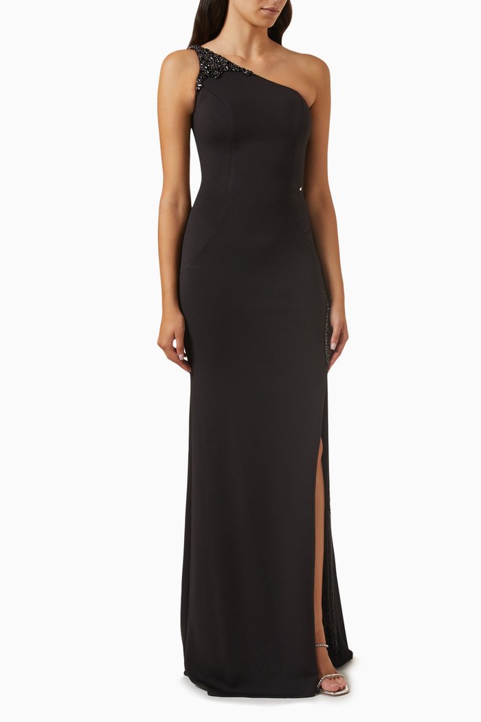 

One-shoulder Beaded Gown in Scuba, Black